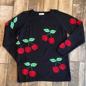 Quacker Factory Black Sweater with Red Cherry Design